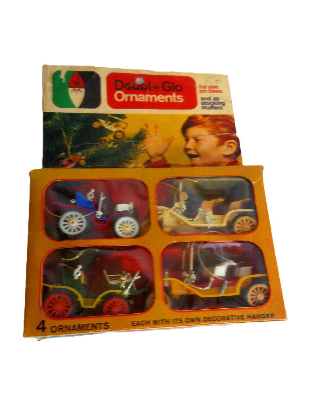 Vintage Doubl-Glo Antique Car Christmas Ornaments Set 4 Plastic Box